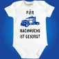 Preview: Baby‑Body mit Spruch „Hurra hurra der Nachwuchs ist da“ und LKW