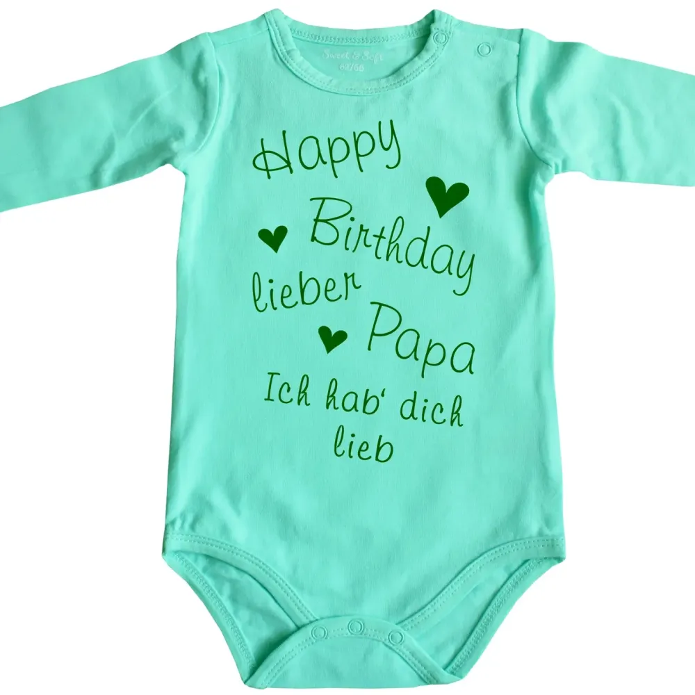 Preview: Baby-Body Happy Birthday Design mit Herzchen