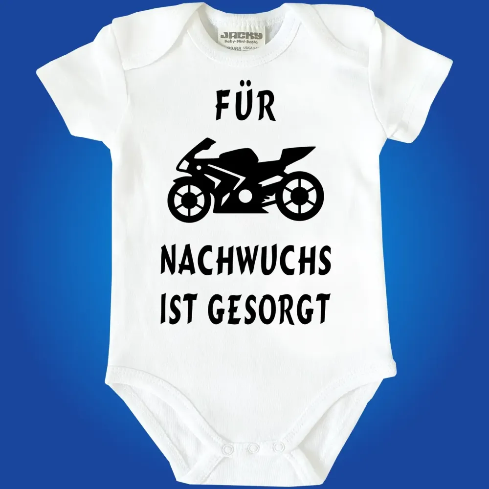 Preview: Baby‑Body mit Motorrad und Spruch „Für Nachwuchs ist gesorgt“