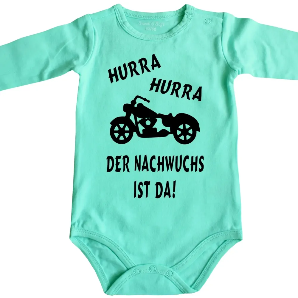 Preview: Baby‑Body mit Motorrad und Spruch „Für Nachwuchs ist gesorgt“