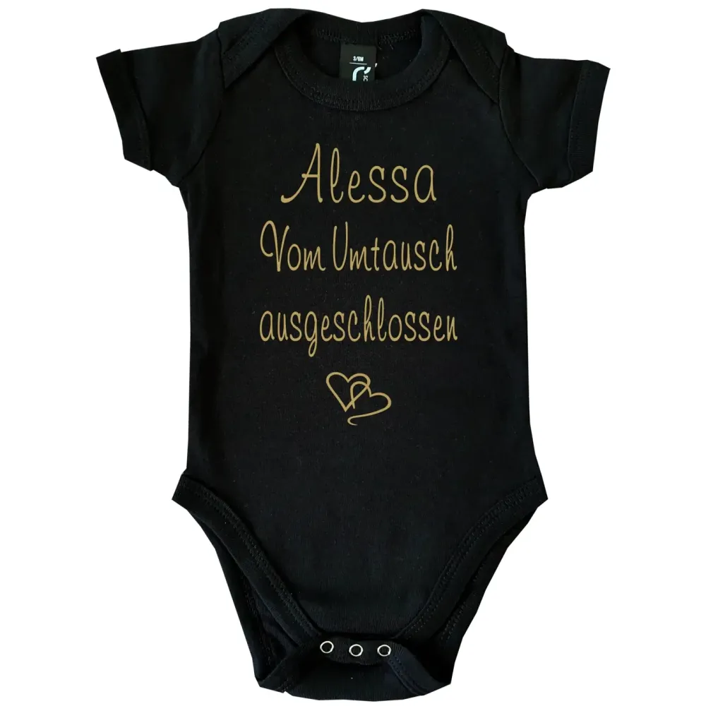 Babybody mit Wunschname und humorvollem Spruch