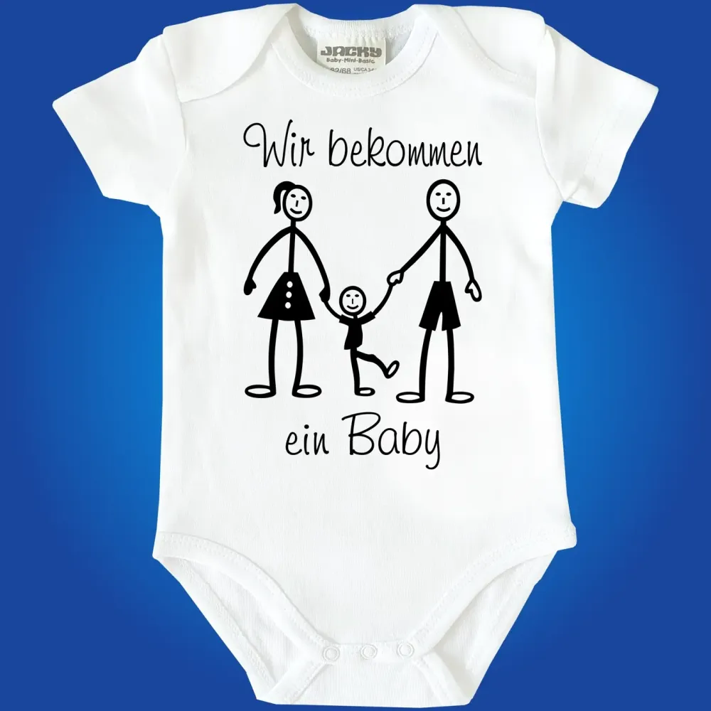 Preview: Baby‑Body mit Spruch „Wir bekommen ein Baby“ und Strichmännchen
