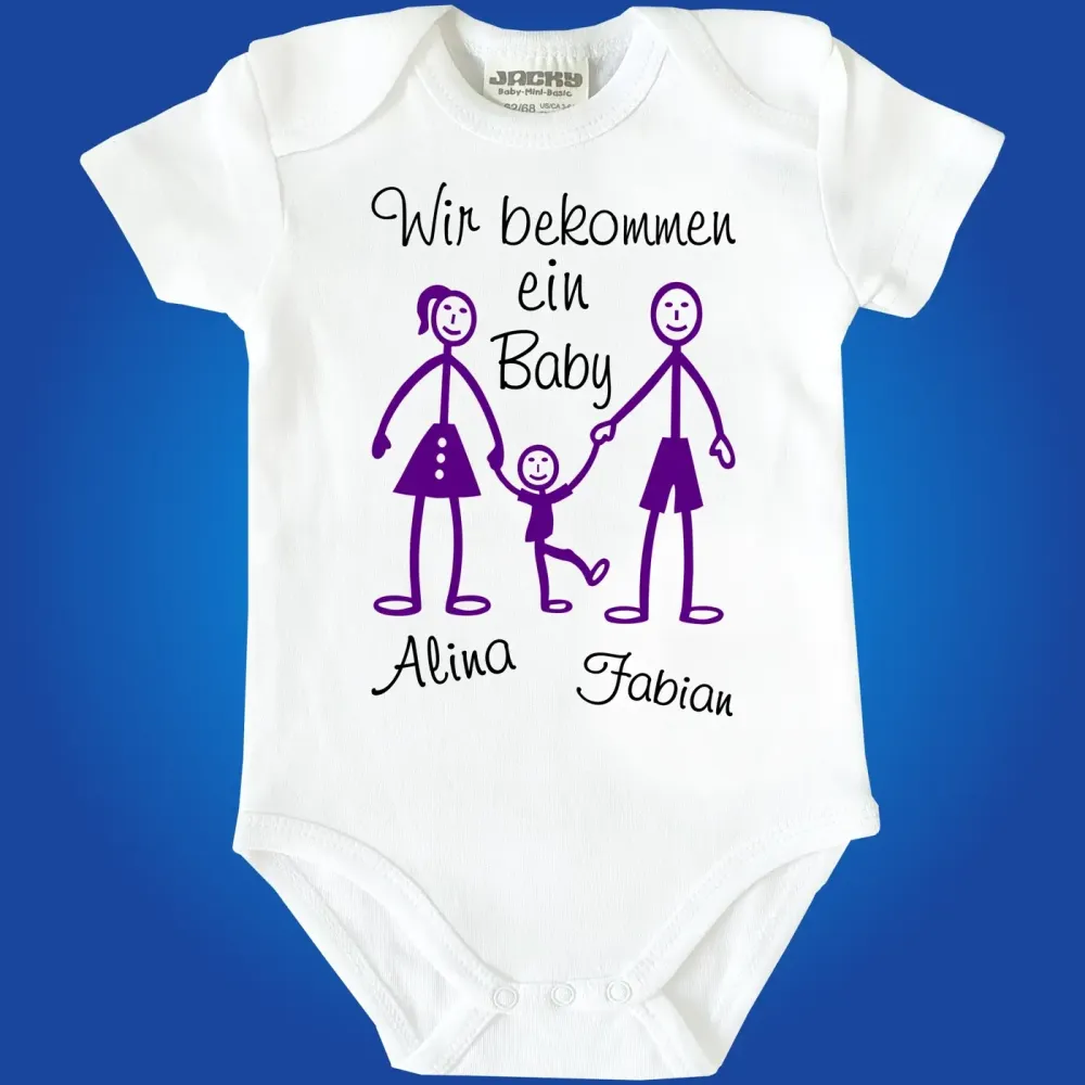 Babybody mit Strichmännchen und Babyankündigung
