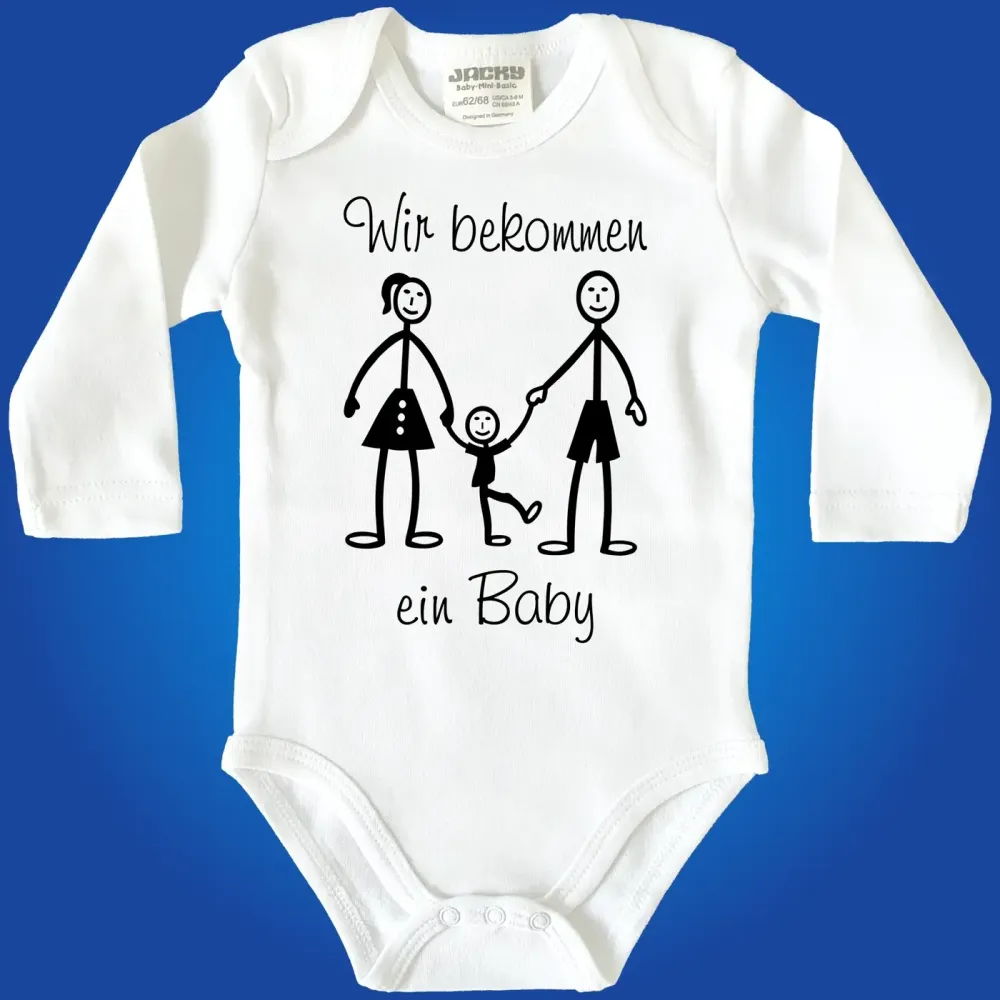 Baby‑Body mit Spruch „Wir bekommen ein Baby“ und Strichmännchen