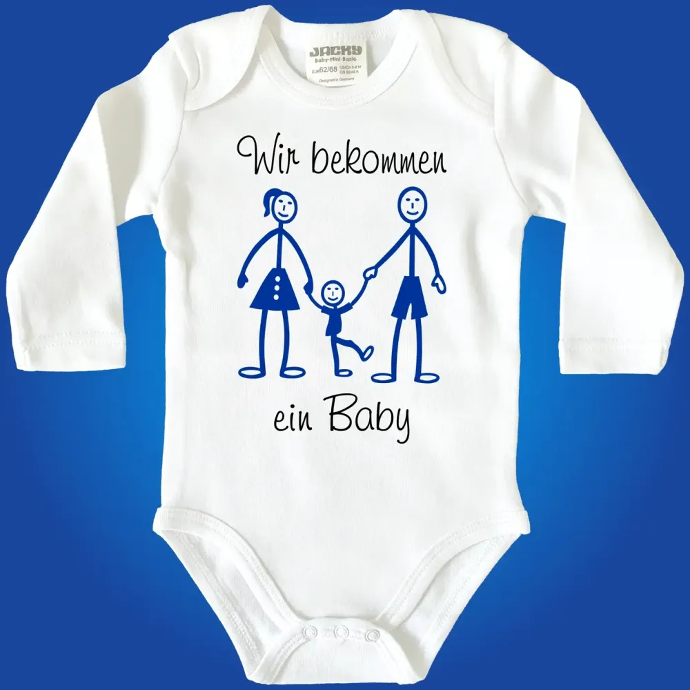 Babybody mit Strichmännchen und Babyankündigung