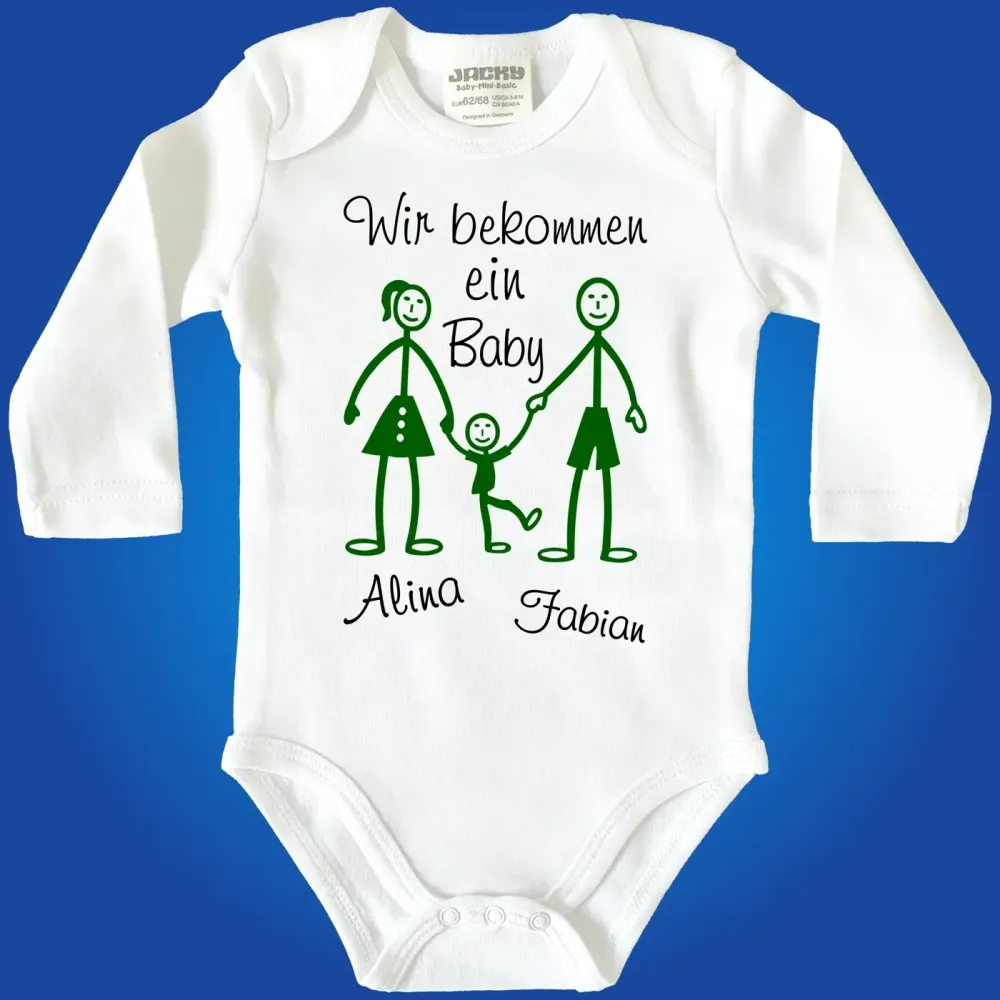 Baby‑Body zur Schwangerschaftsverkündung mit Strichmännchen