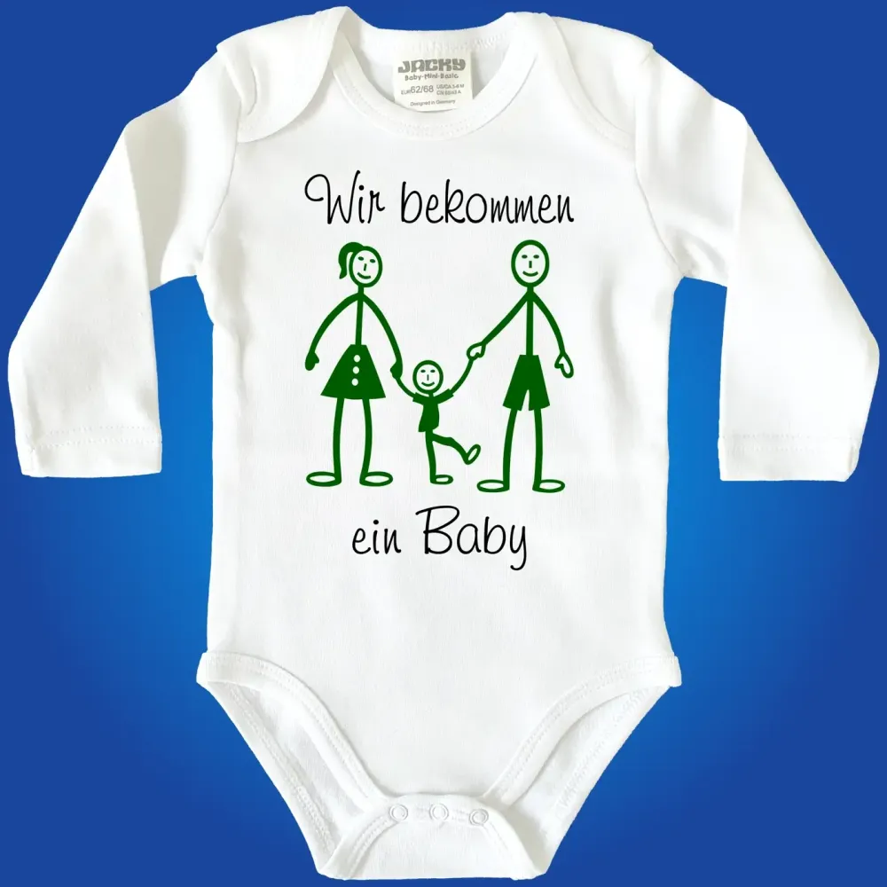 Babybody mit wählbarem Text „Wir bekommen ein Baby“