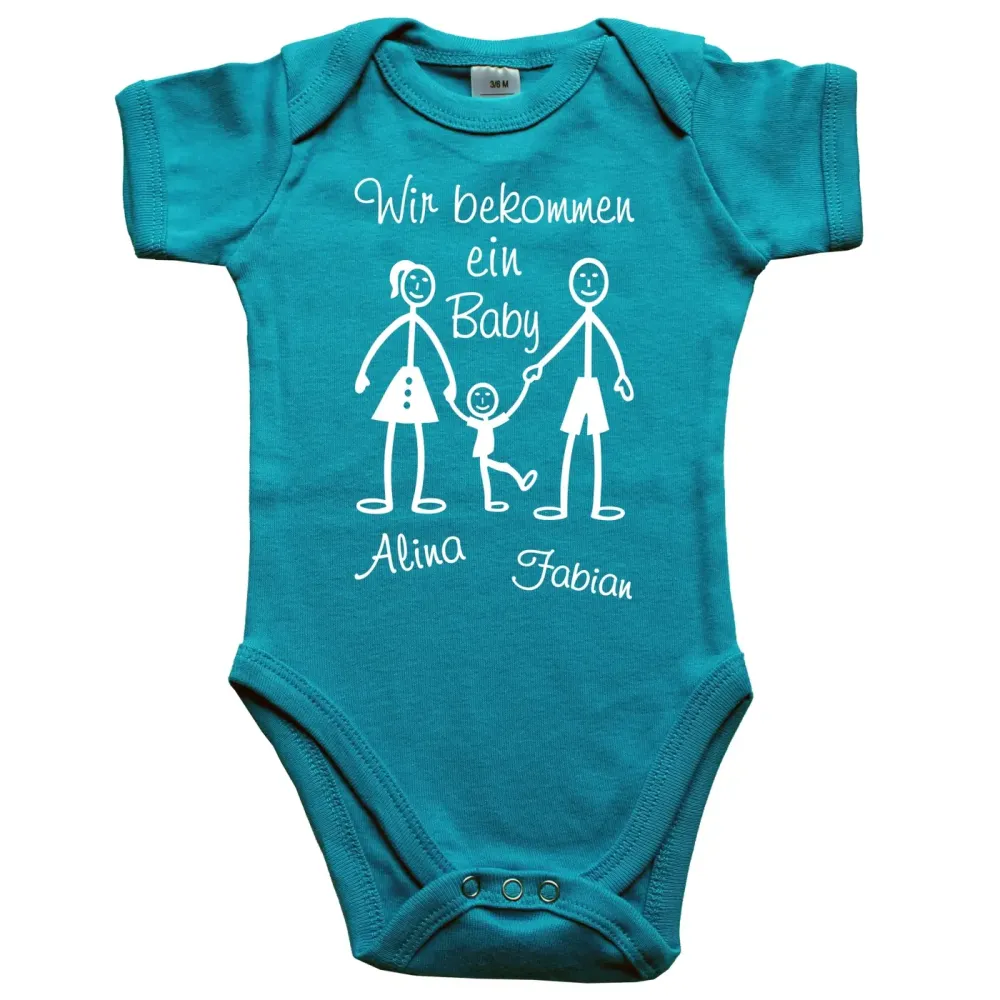 Preview: Baby‑Body mit Spruch „Wir bekommen ein Baby“ und Strichmännchen