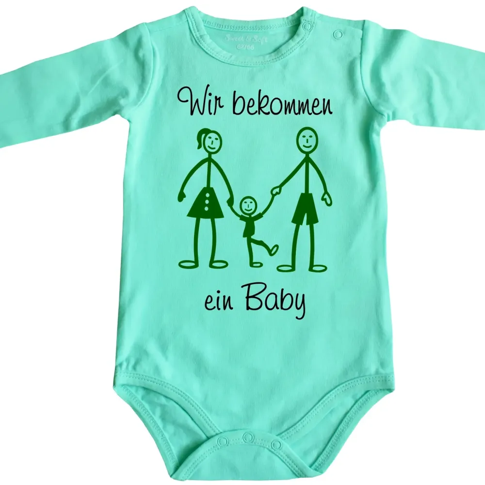 Preview: Baby‑Body mit Spruch „Wir bekommen ein Baby“ und Strichmännchen