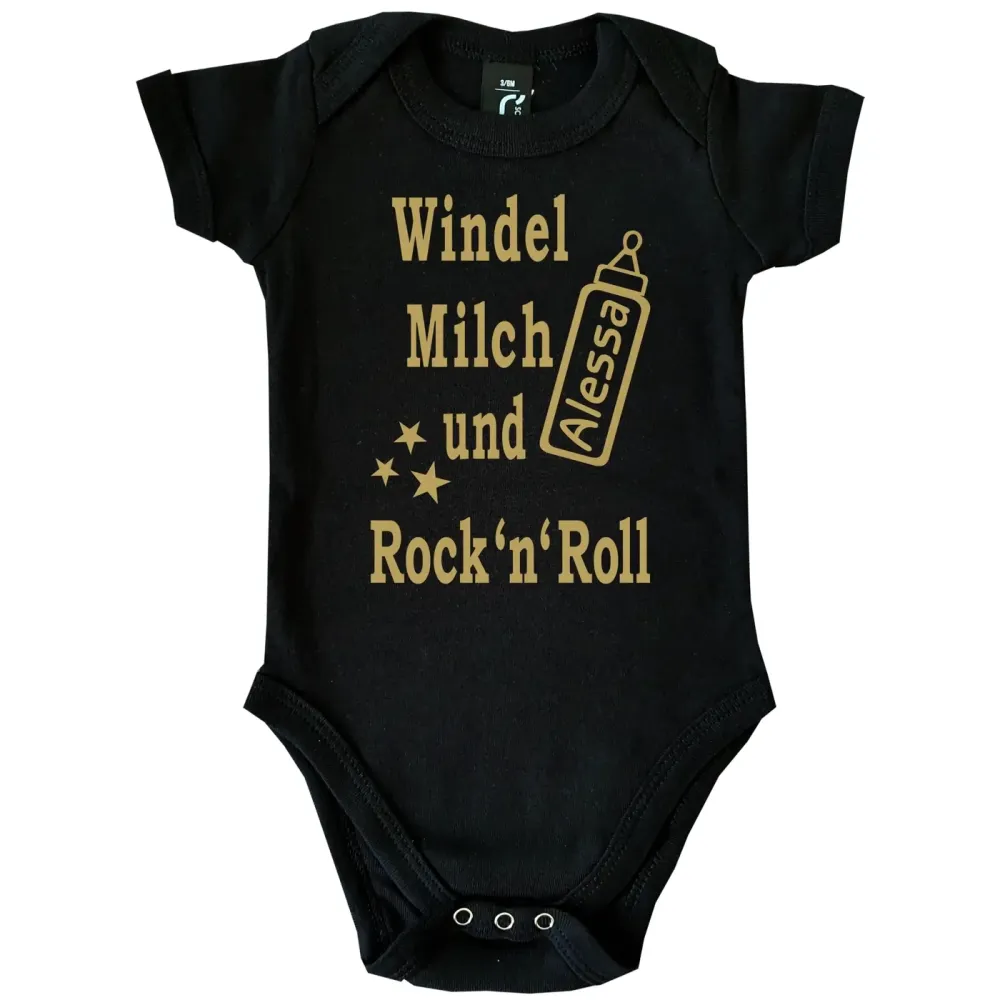 Babybody mit Musik‑Spruch und Flaschen Grafik