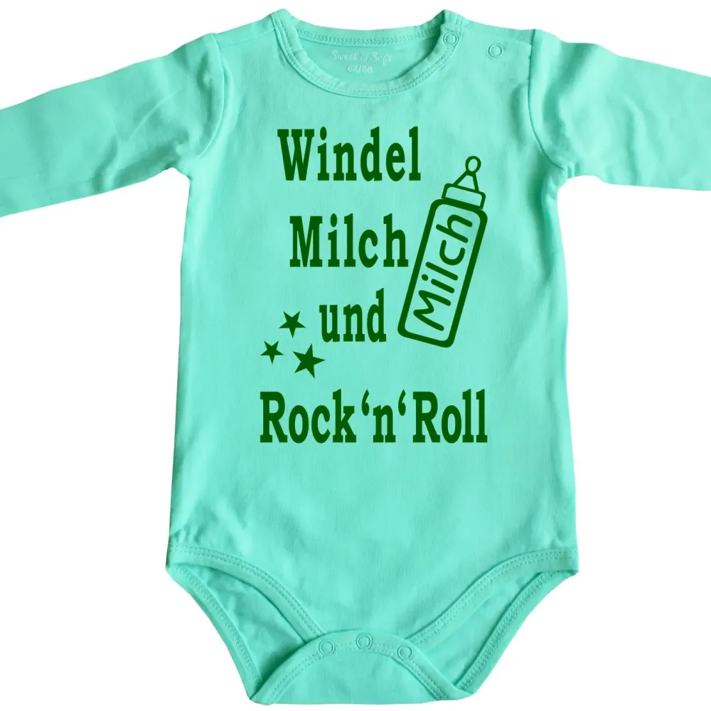 Preview: Baby‑Body mit Spruch „Windel, Milch und Rock’n’Roll“