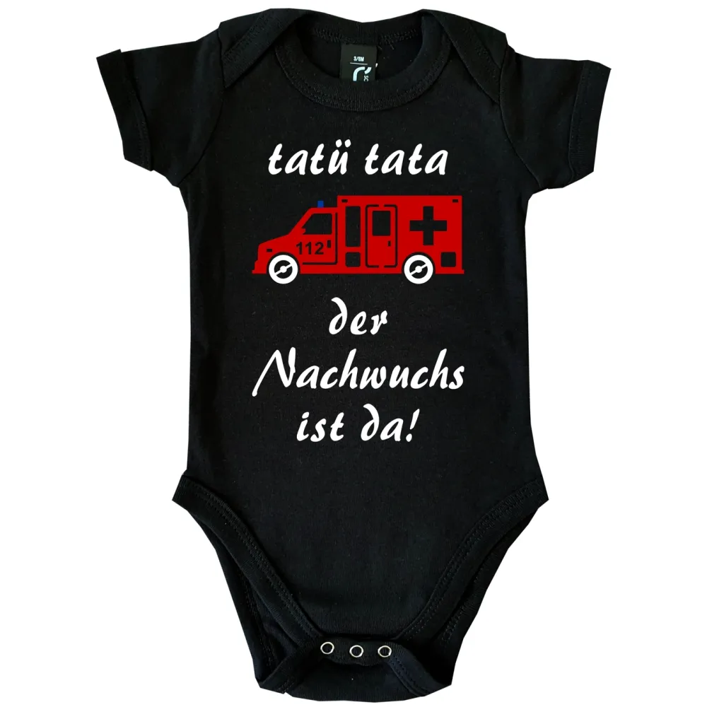 Preview: Baby‑Body mit Rettungswagen und Spruch „Tatü Tata – der Nachwuchs ist da“
