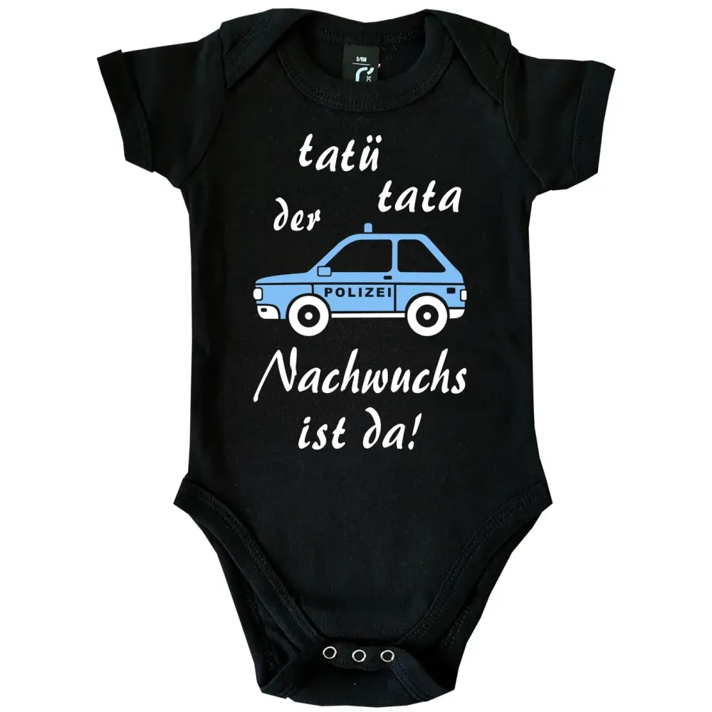 Preview: Baby‑Body mit Polizeiauto und Text „Tatü Tata – der Nachwuchs ist da“
