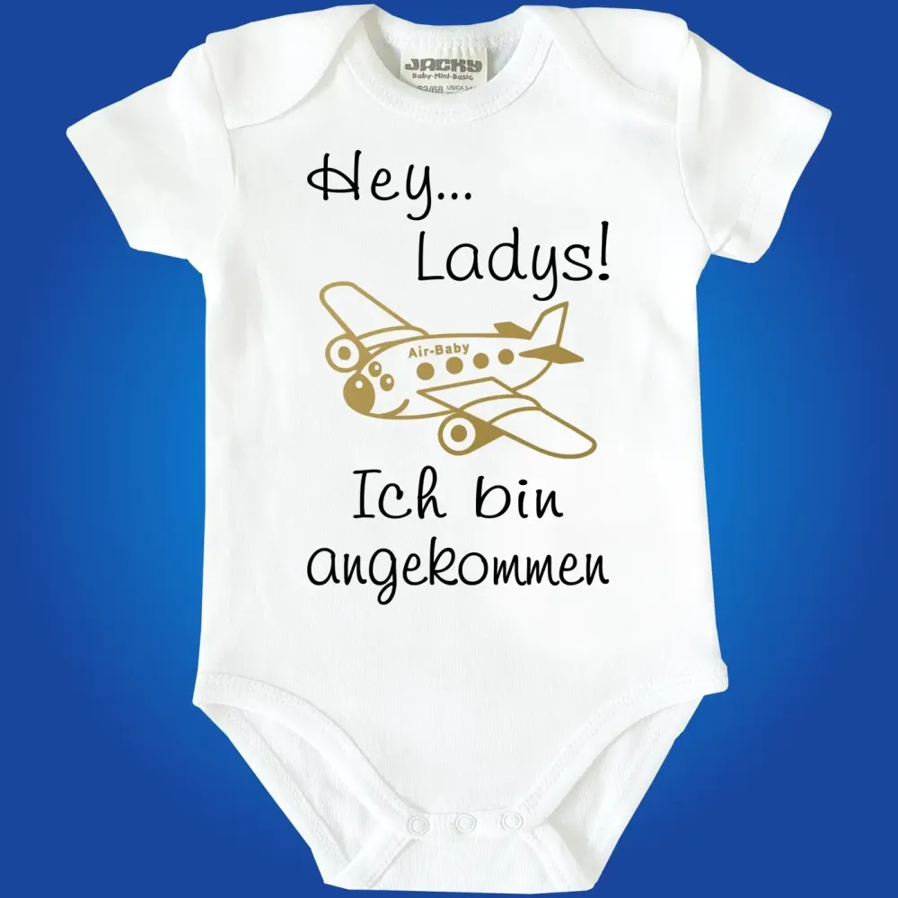 Babybody mit Flugzeug Grafik und Fun‑Text