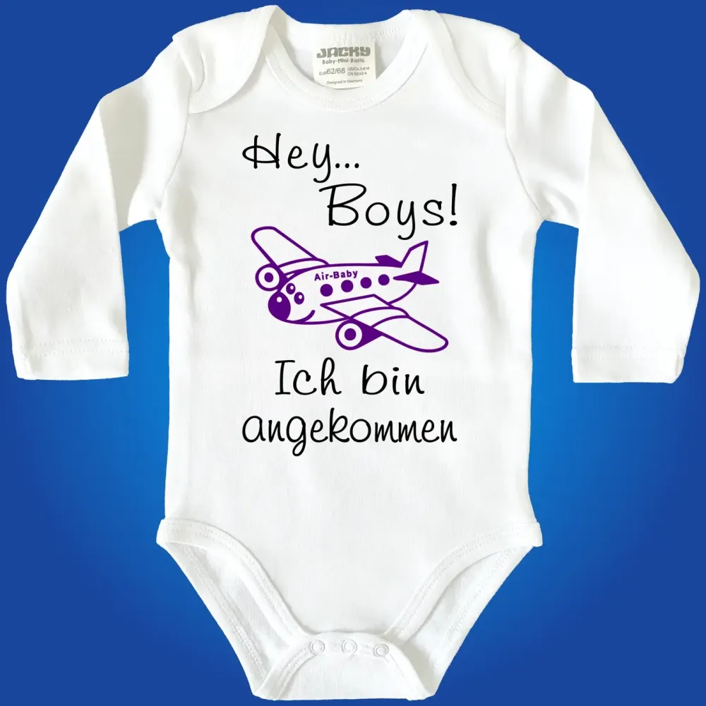 Babybody „Ich bin angekommen“ mit Flugzeug Grafik