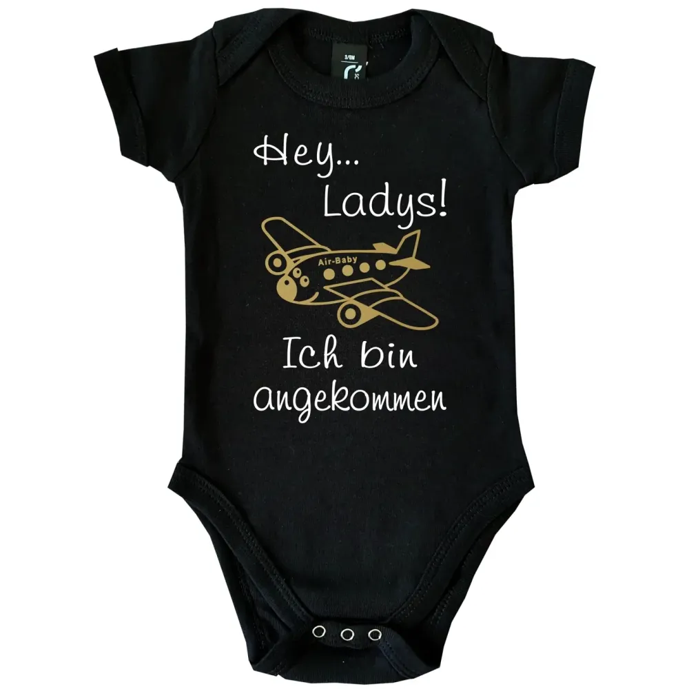 Baby‑Body „Hey Ladys“ mit Flugzeug Illustration