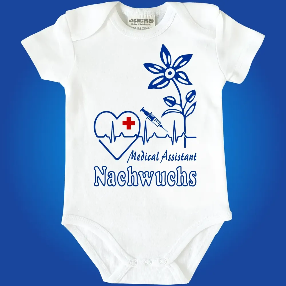 Preview: Baby-Body mit lustigem Pflegefachmann‑Motiv und medizinischen Symbolen