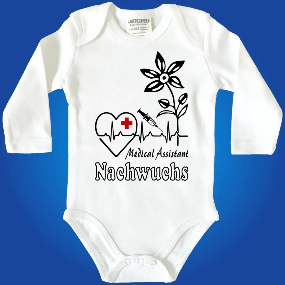 Baby-Body für Nachwuchs von Pflegefachkräften mit Herz‑ und Spritze‑Grafik