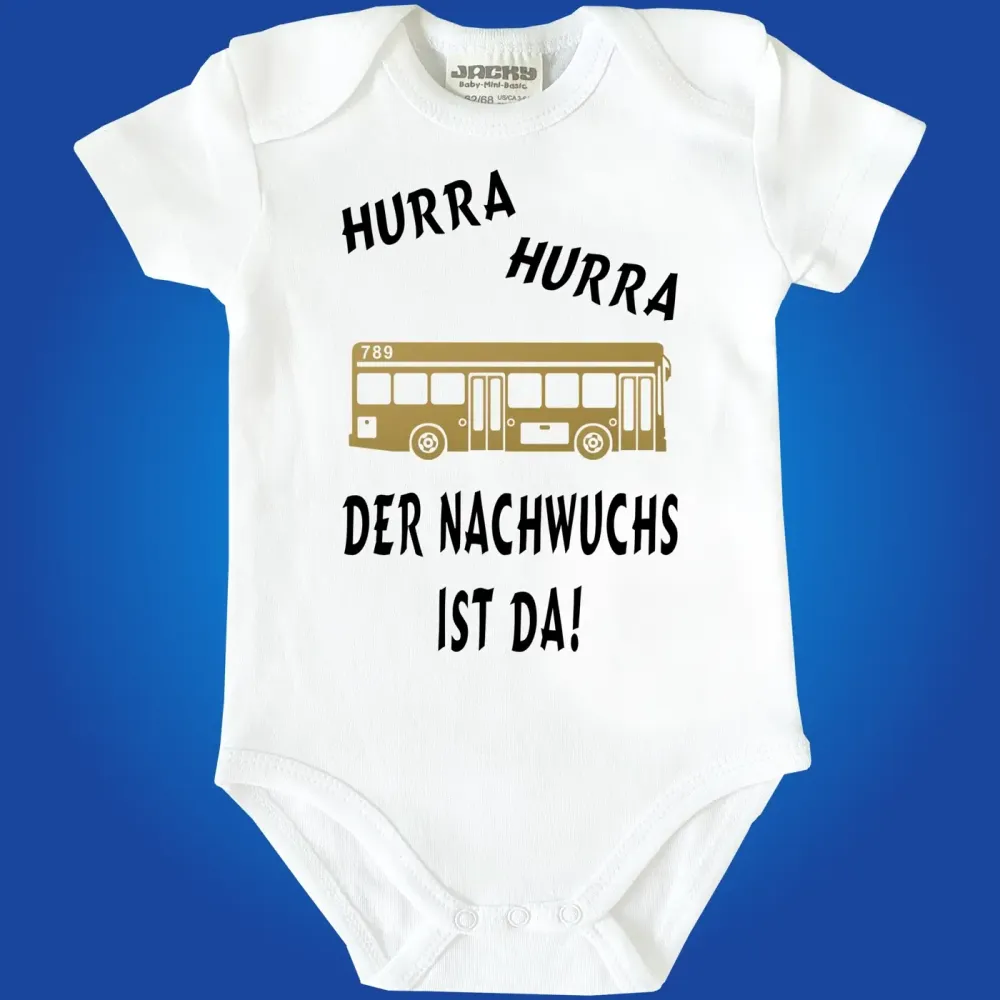 Babybody „Für Nachwuchs ist gesorgt“ mit Bus Illustration