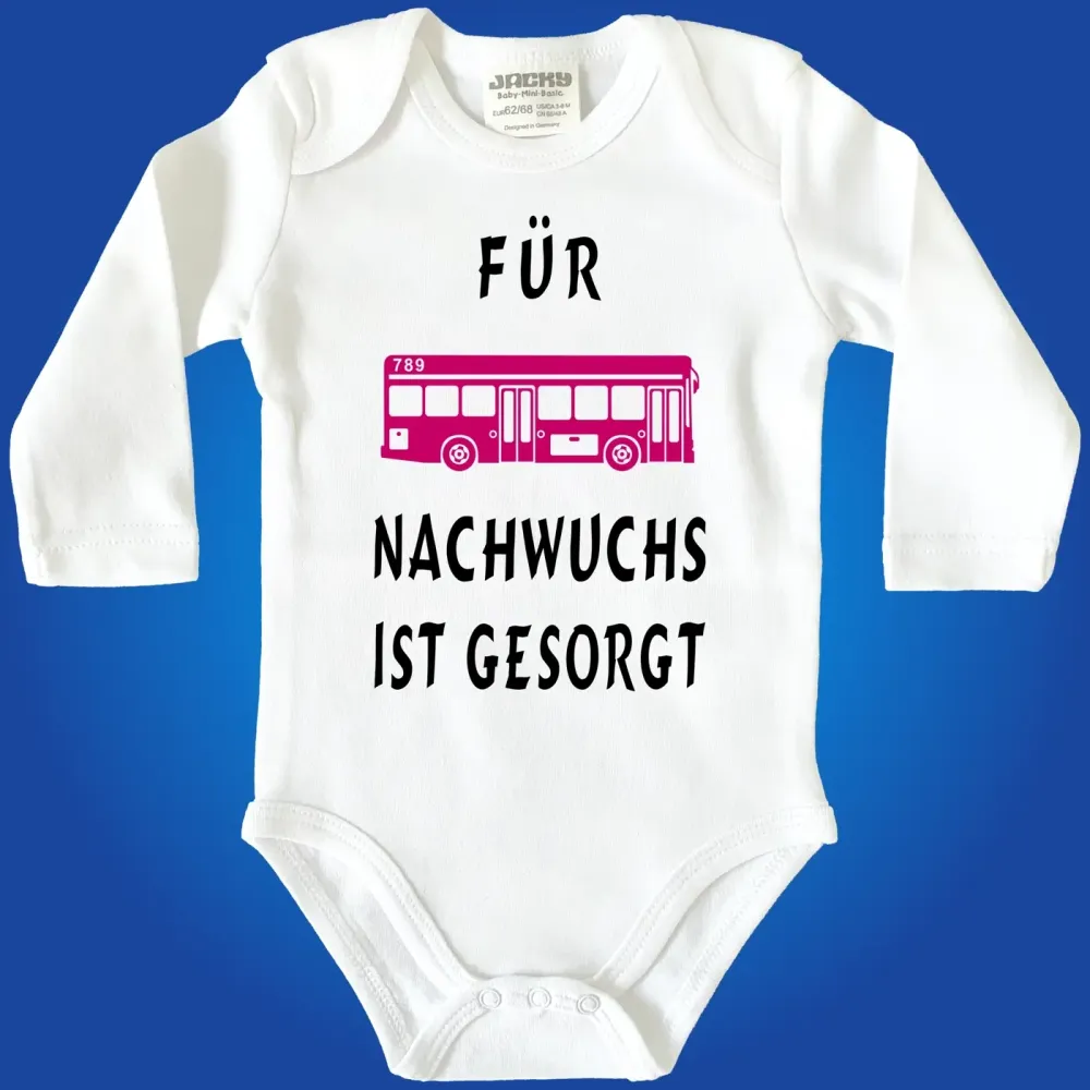 Babybody mit Bus‑Illustration und Nachwuchs Spruch