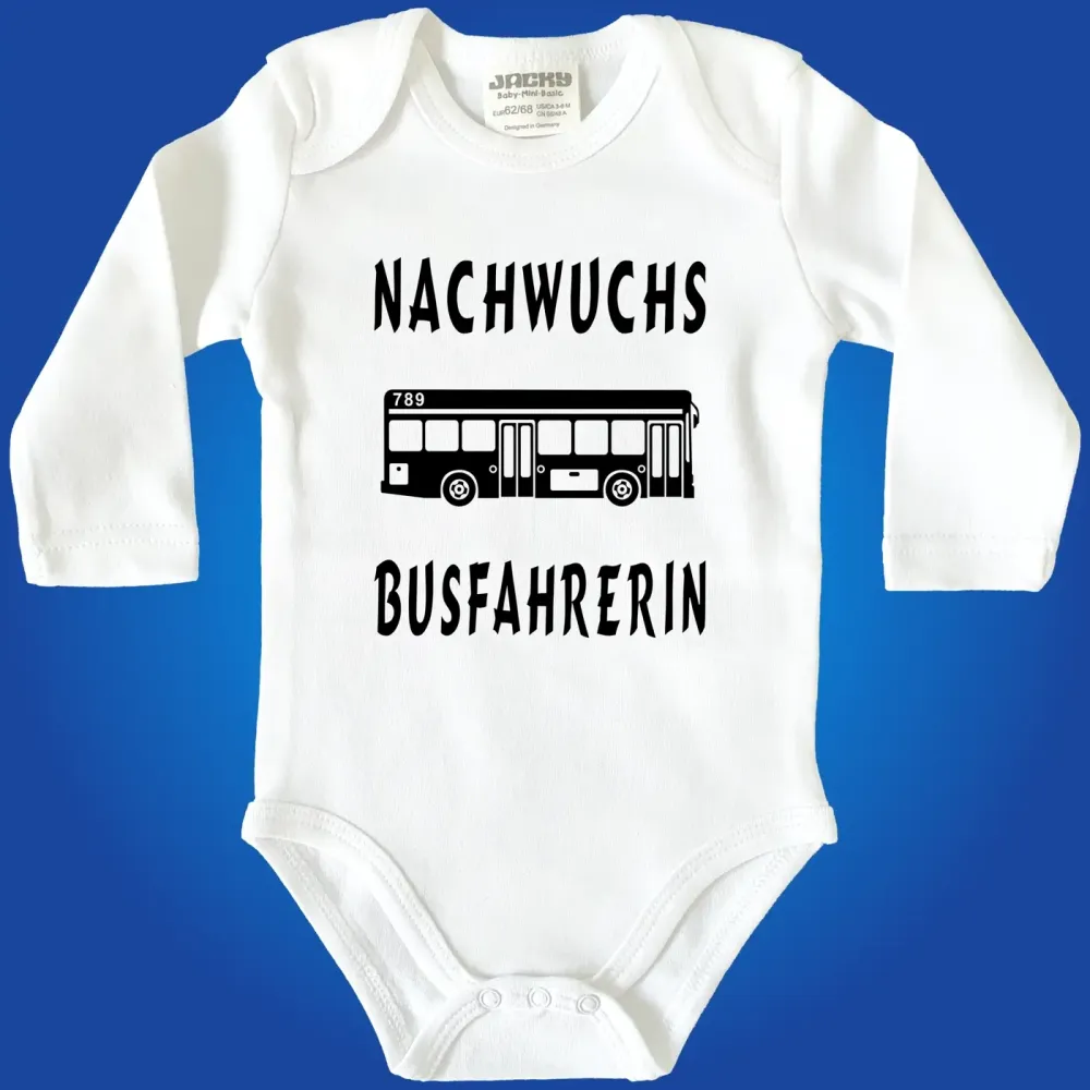Baby‑Body mit Spruch „Hurra hurra der Nachwuchs ist da“ und Bus