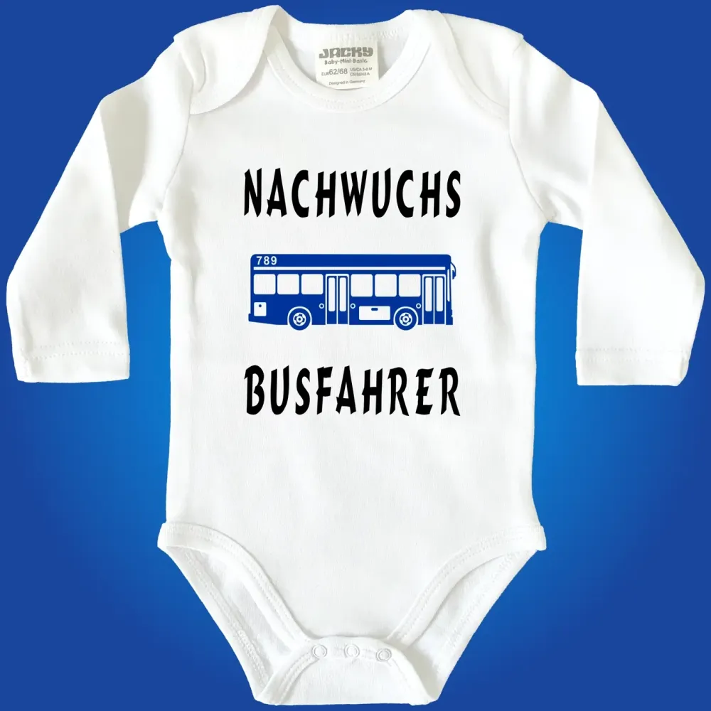 Preview: Babybody mit Spruch und Bus-Grafik - mit freier Farbwahl