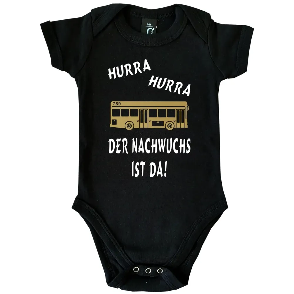 Preview: Baby‑Body mit Spruch „Hurra hurra der Nachwuchs ist da“ und Bus