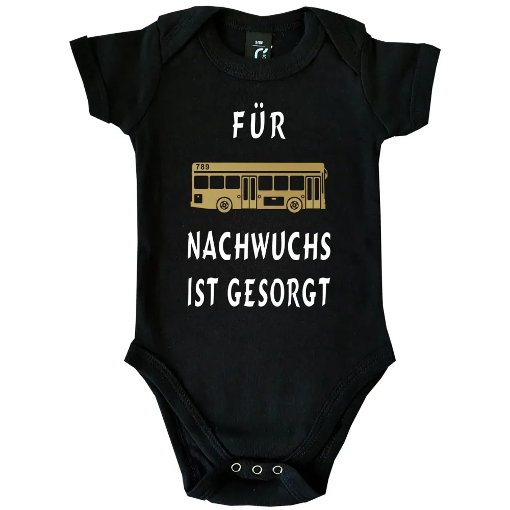 Babybody „Für Nachwuchs ist gesorgt“ mit Bus‑Grafik