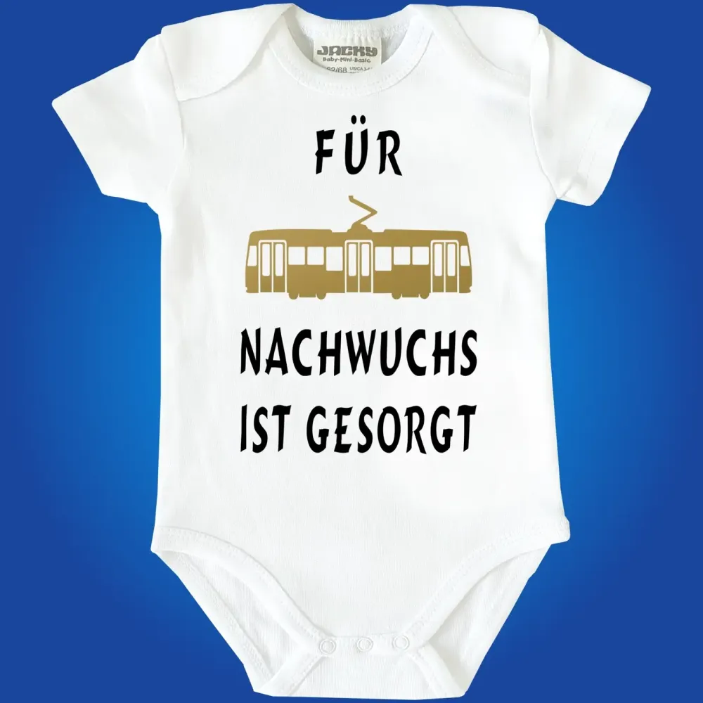 Baby‑Body „Hurra der Nachwuchs ist da“ mit Straßenbahn Motiv