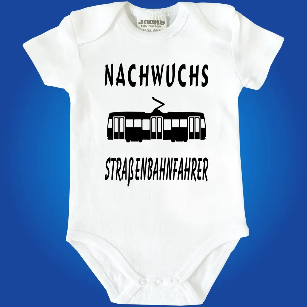 Babybody „Für Nachwuchs ist gesorgt“ mit Tram Illustration