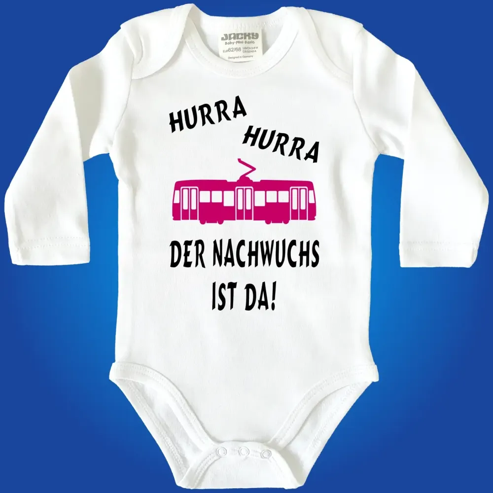 Preview: Baby‑Body mit Spruch „Hurra hurra der Nachwuchs ist da“ und Straßenbahn