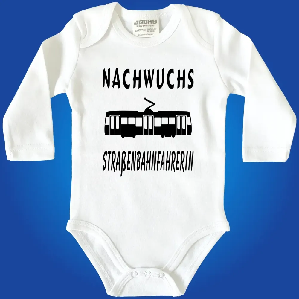 Baby‑Body mit farbiger Straßenbahn und lustigem Spruch