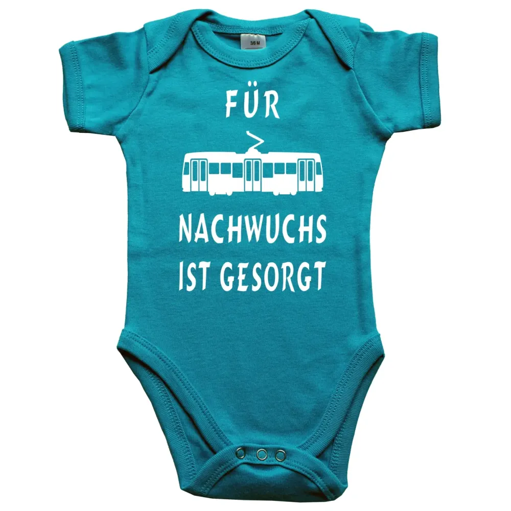 Babybody „Für Nachwuchs ist gesorgt“ mit Tram Illustration