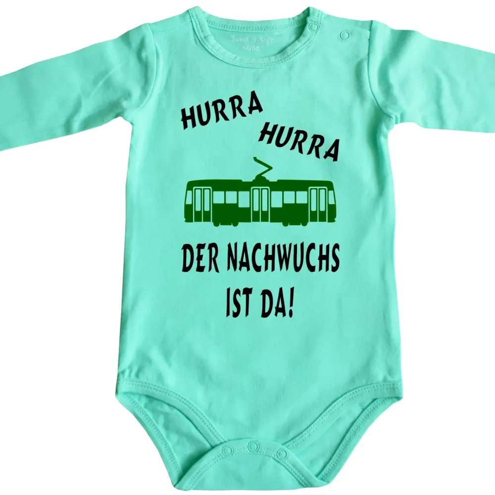 Preview: Babybody mit lustigem Straßenbahn‑Design für Babys