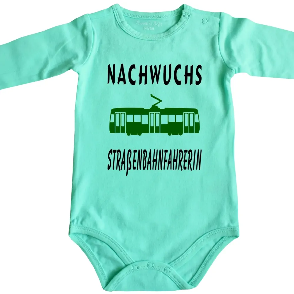 Preview: Babybody mit Straßenbahn Illustration und Nachwuchs Spruch