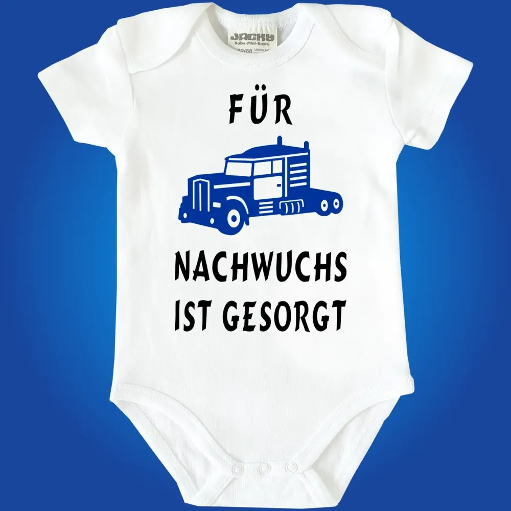 Preview: Baby‑Body mit Spruch „Hurra hurra der Nachwuchs ist da“ und LKW