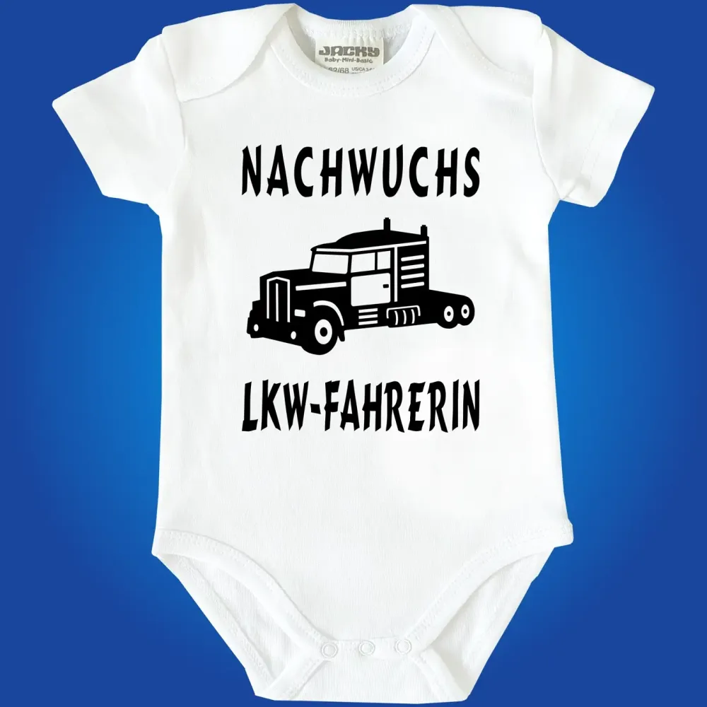 Baby‑Body mit farbigem LKW und lustigem Spruch