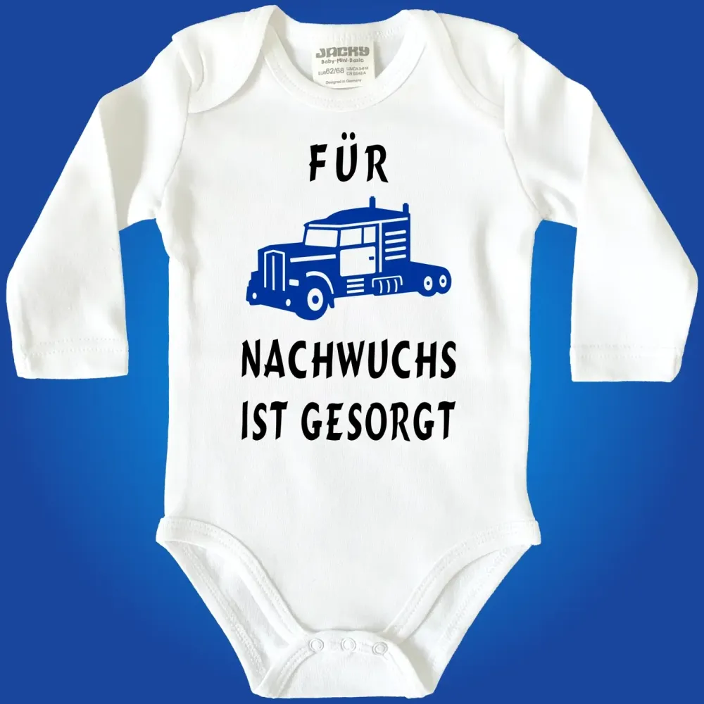 Baby‑Body mit Spruch „Hurra hurra der Nachwuchs ist da“ und LKW