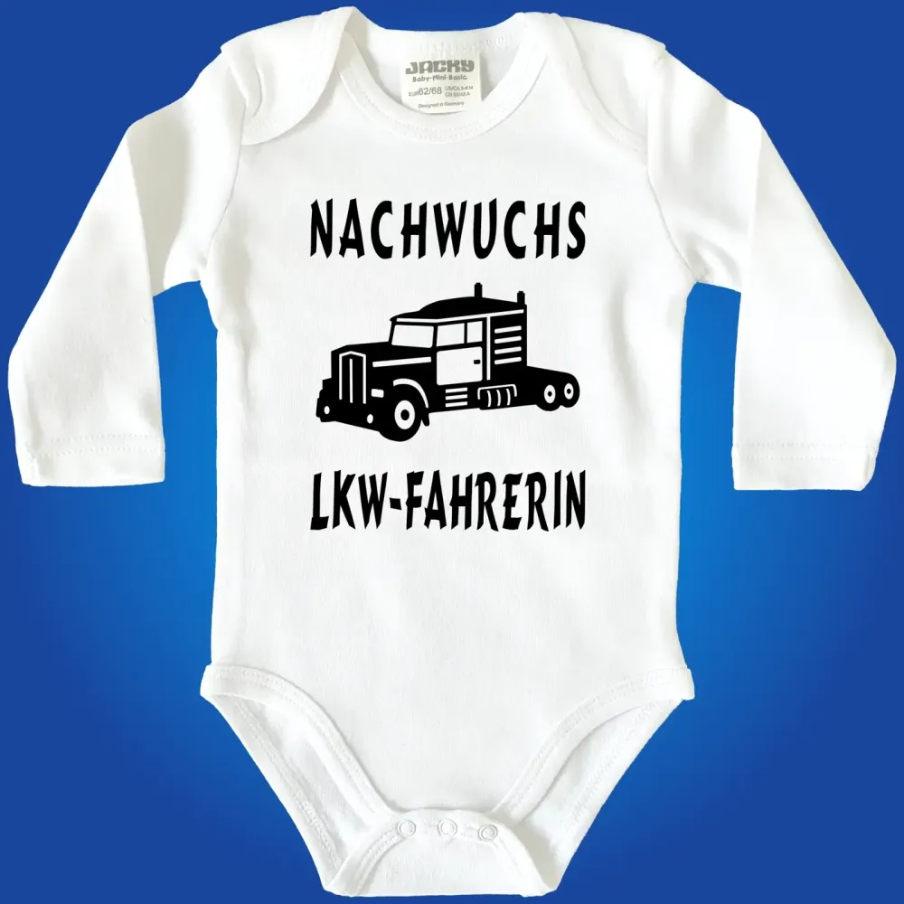 Baby‑Body mit farbigem LKW und lustigem Spruch