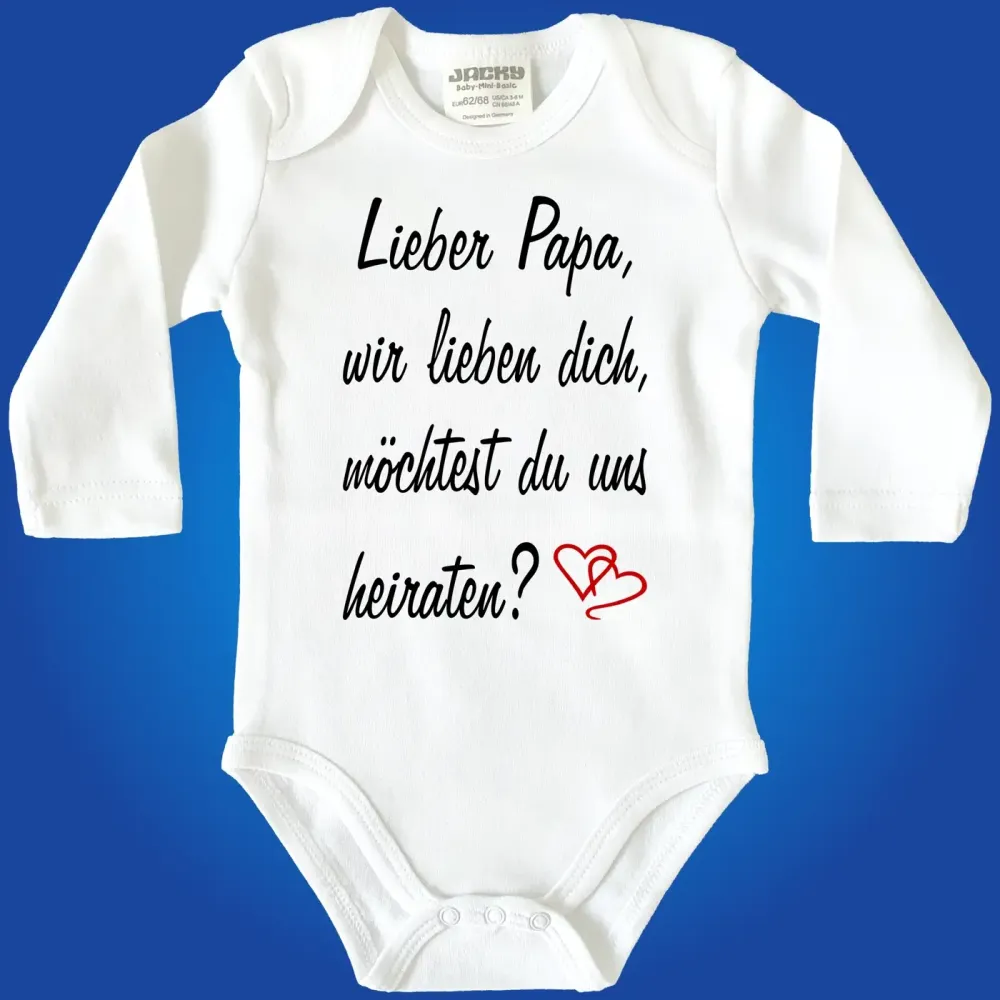 Preview: Baby‑Body mit Spruch „Lieber Papa, möchtest du uns heiraten?“