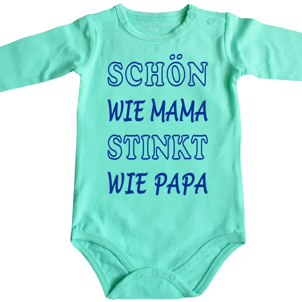 Preview: Baby‑Body mit Spruch „Schön wie Mama, stinkt wie Papa“