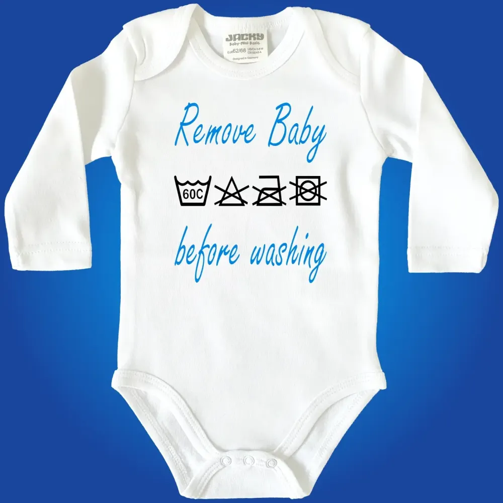 Babybody mit Waschsymbolen und Humor
