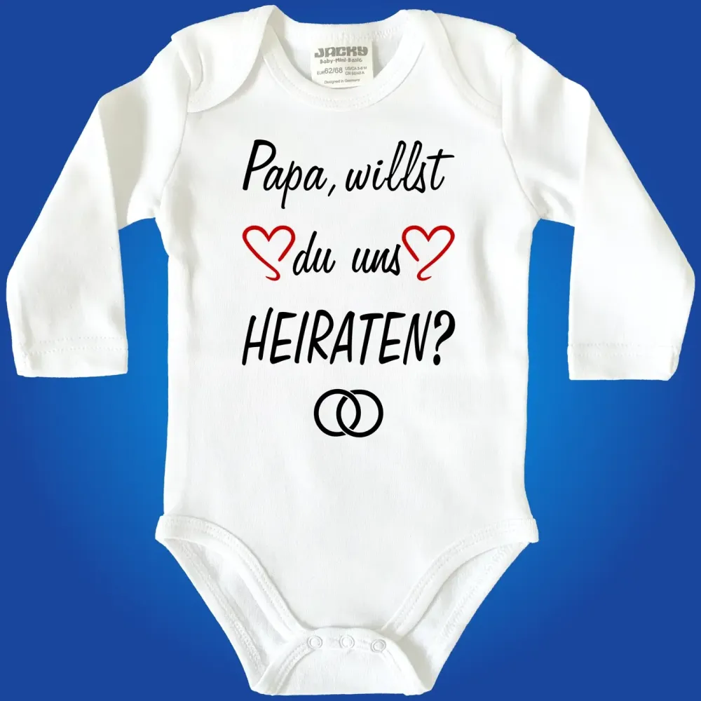 Preview: Baby‑Body mit Spruch „Mama, willst du uns heiraten“ und Ringen
