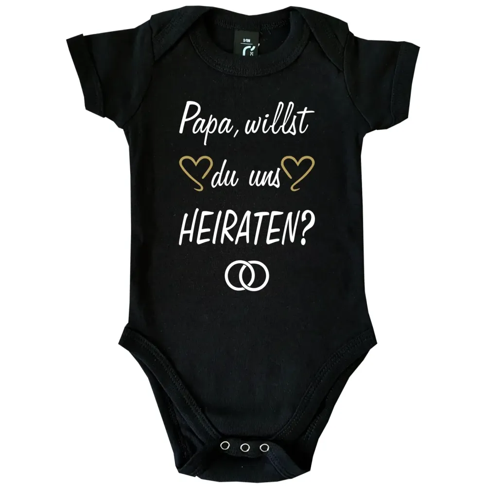 Baby‑Body „Mama/Papa willst du uns heiraten“ mit Ring‑Symbolen