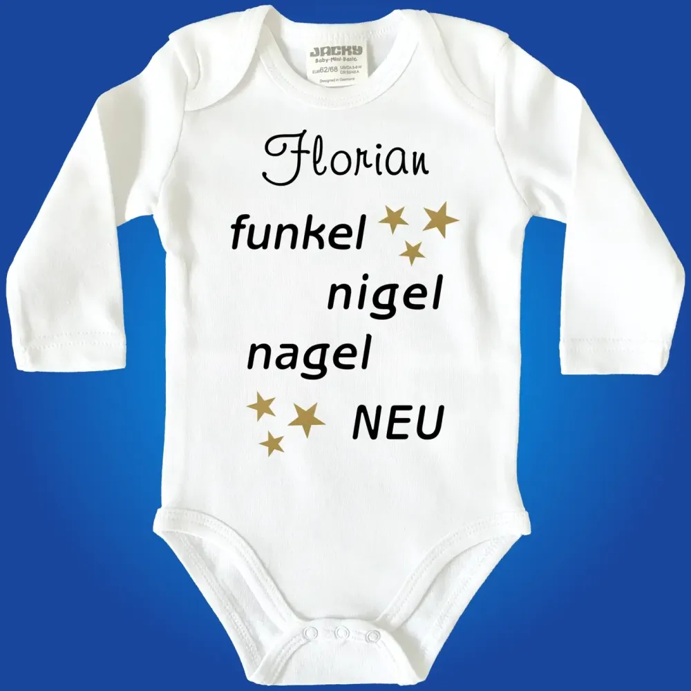 Baby‑Body mit Spruch „Funkel‑Nigelnagelneu“ und Wunschname