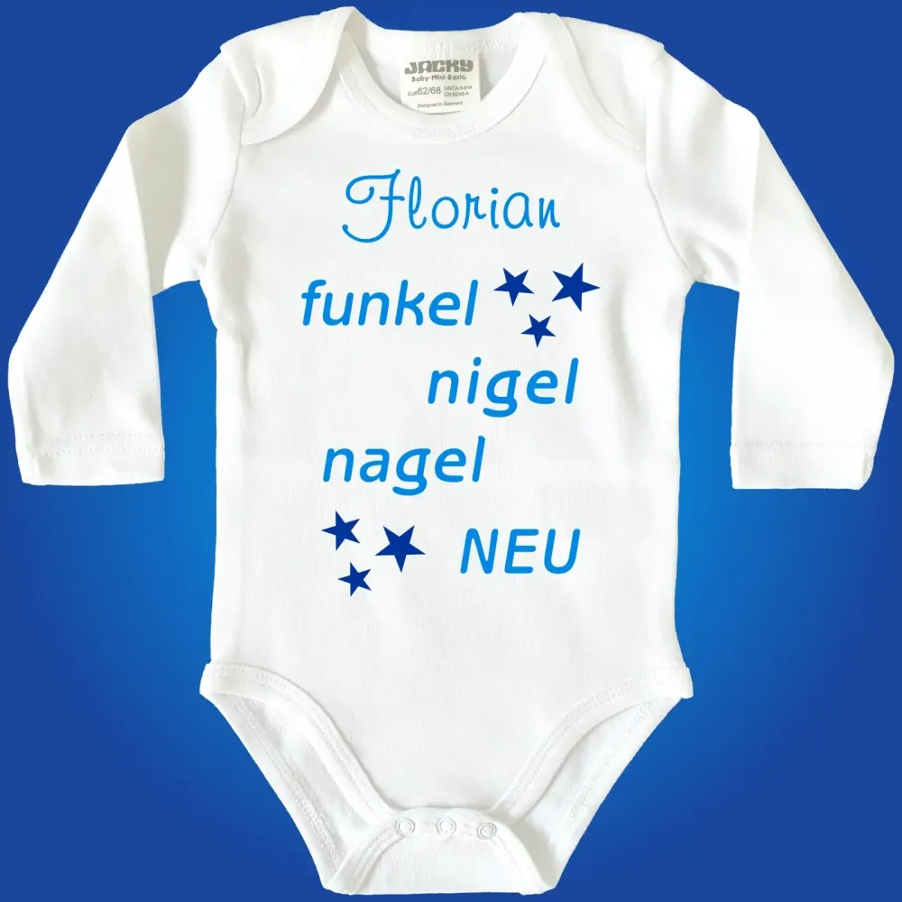 Baby‑Body mit humorvollem „Funkel‑Nigelnagelneu“ Aufdruck