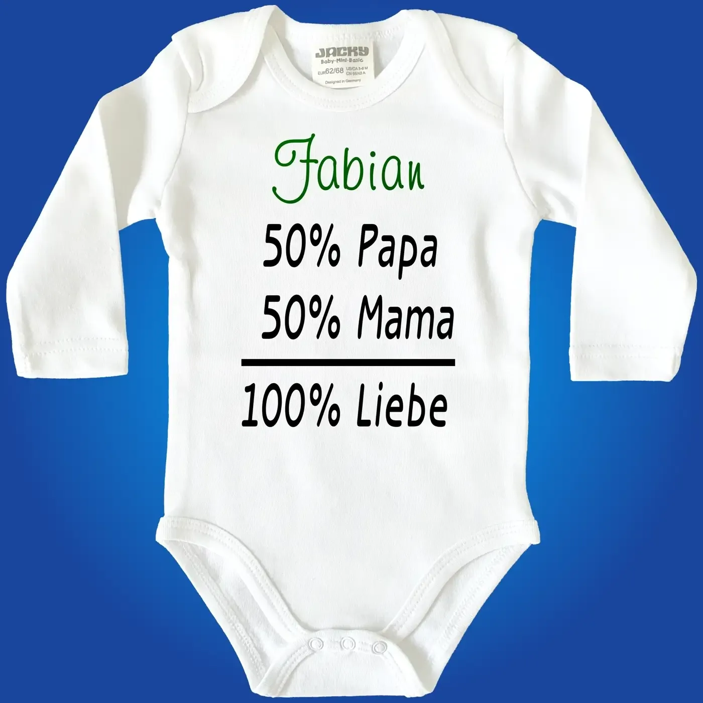 Baby‑Body mit Text „50% Mama 50% Papa“