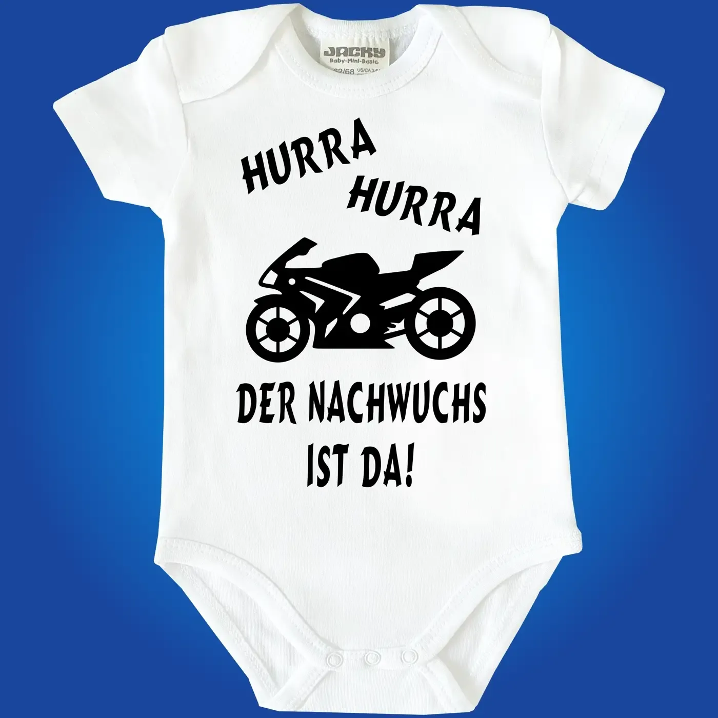 Baby‑Body mit Motorrad und Text „Hurra Hurra der Nachwuchs ist da“