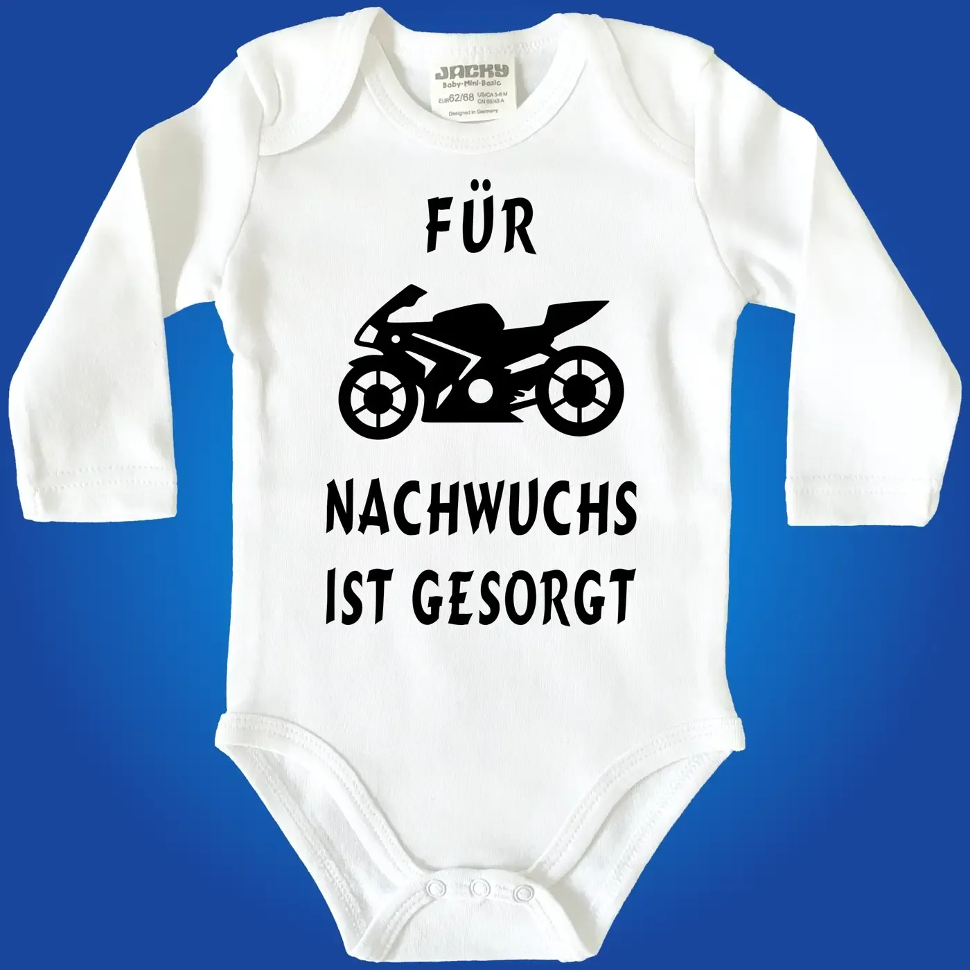 Baby‑Body mit Motorrad und Spruch „Für Nachwuchs ist gesorgt“