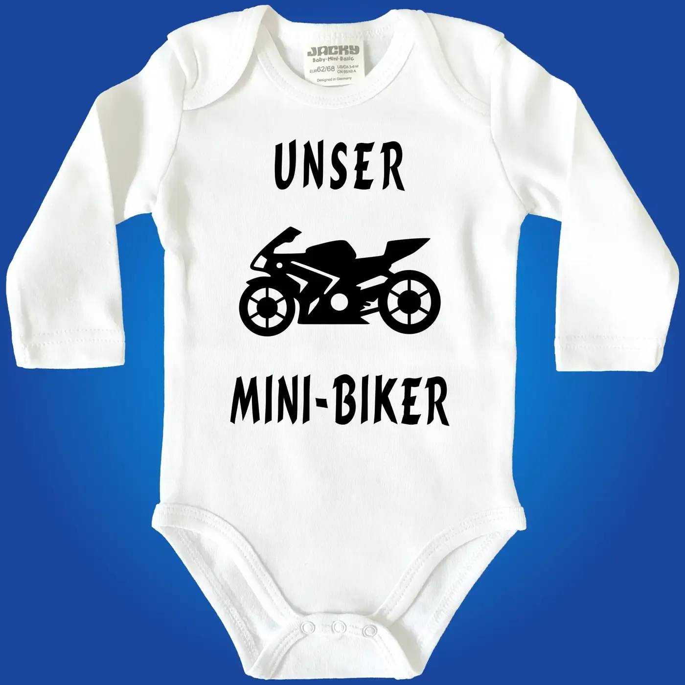 Babybody mit Spruch „Unsere Mini‑Bikerin“ und Motorrad